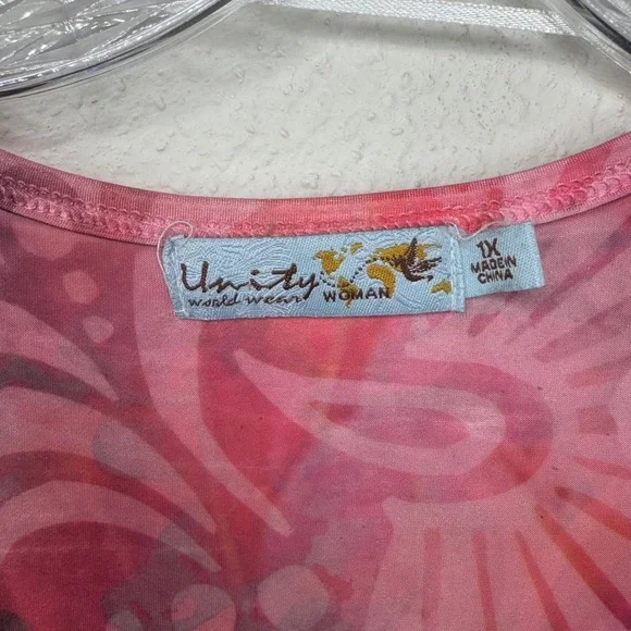 Unity World Wear Woman Pink Abstract Floral Studded Tunic Top 1X - Picture 2 of 7